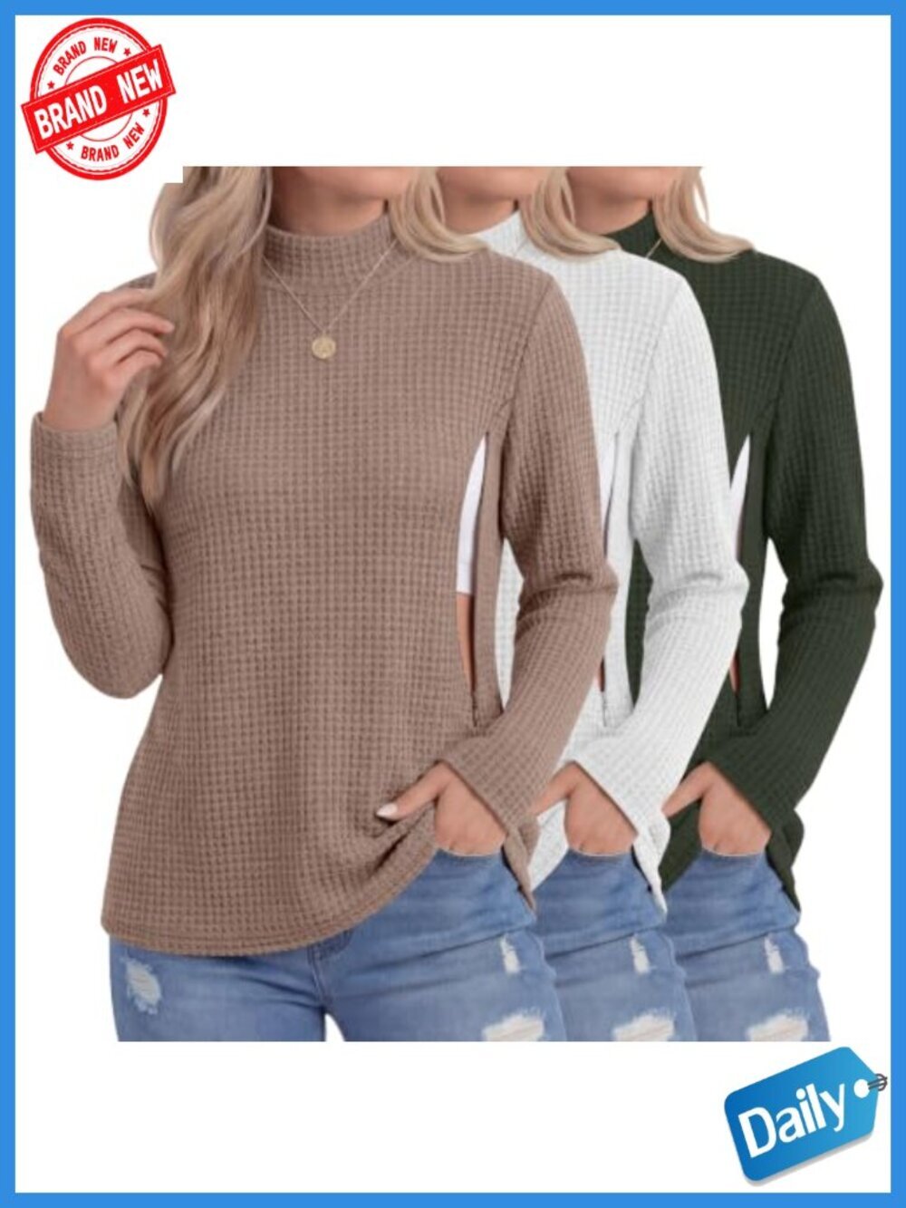 3 Pack Nursing Long Sleeve Shirts Maternity Breastfeeding Waffle Knit Zip Mock